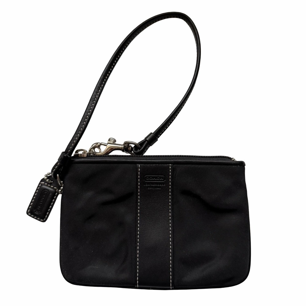 Vintage Coach Satin Fabric Leather Trim Wristlet Black Card Wallet Coach Hangtag